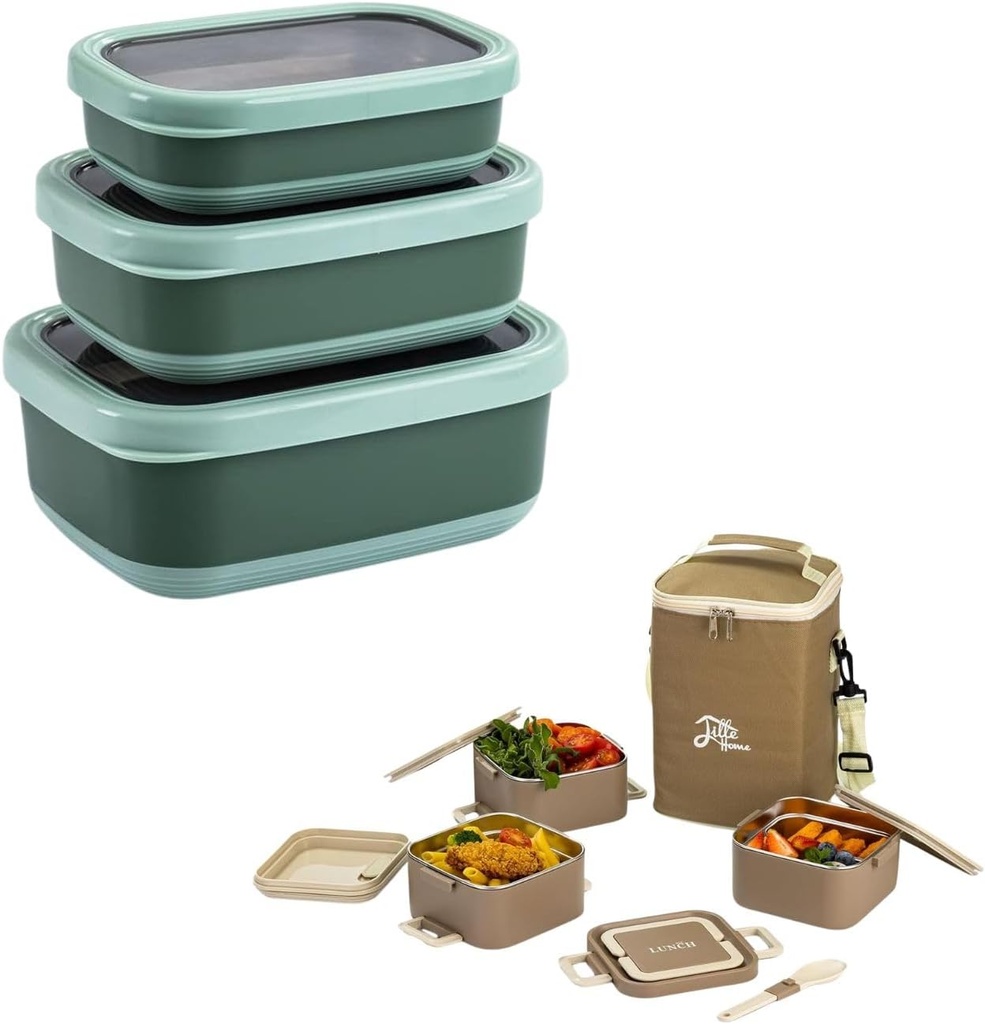 Lille Home 47oz+30oz+16oz Stainless Steel Snack Container & 71oz Stackable 3 Tier Bento Box Set, Portable Stainless Steel Leak-Proof Lunchbox, Durable, BPA-Free