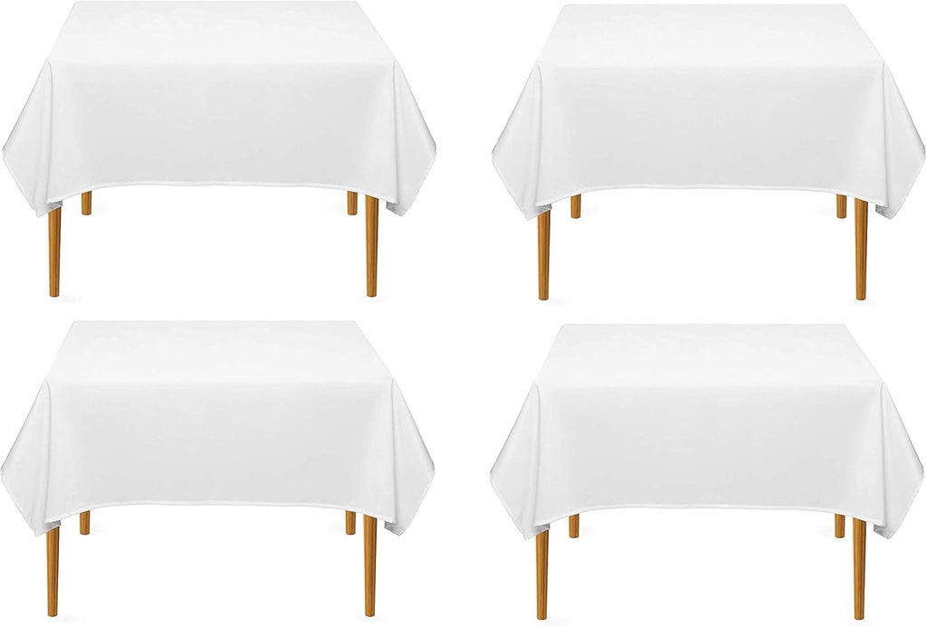 Pomp Pure White 70" x 70" Poplin Polyester Tablecloth (4 Pack) | Wrinkle + Stain Resistant Easy Care Premium Fabric | Fits Square or Round Table