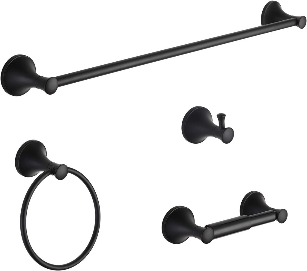 Black Bathroom Hardware Set - 4-Piece Towel Holder Set with 18 or 24 Inch Towel Bar