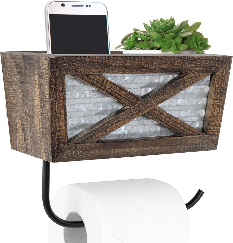 Autumn Alley Farmhouse Toilet Paper Holder with Basket for Cell Phone - Rustic Toilet Paper Holder, Farmhouse Bathroom Country Decor - Wood, Galvanized & Black Metal - Adds Rustic Charm, Brown