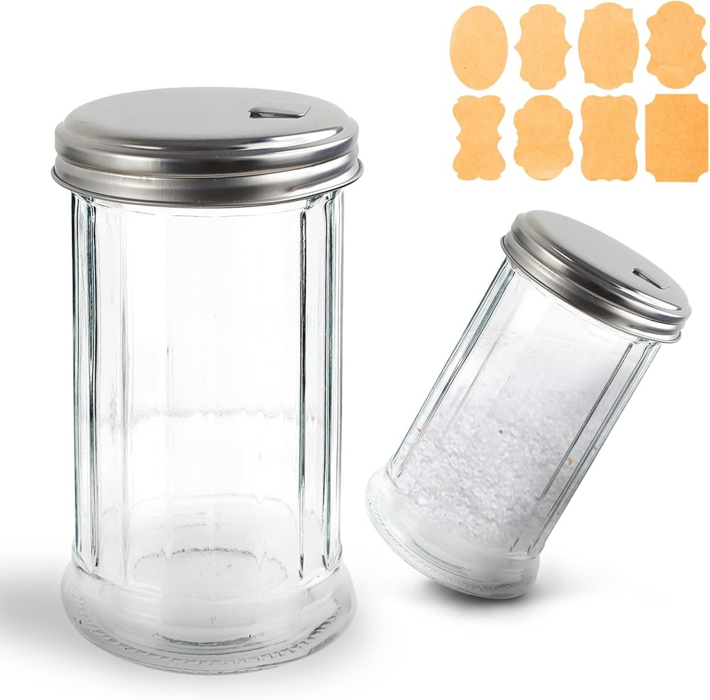 2 Pcs 350ml Glass Sugar Dispenser, Sugar Shaker with Stainless Steel Side Open Lid, Retro Style Clear Durable Coffee Bar Accessories with 1pcs Label for Salt Spices Pepper Tea