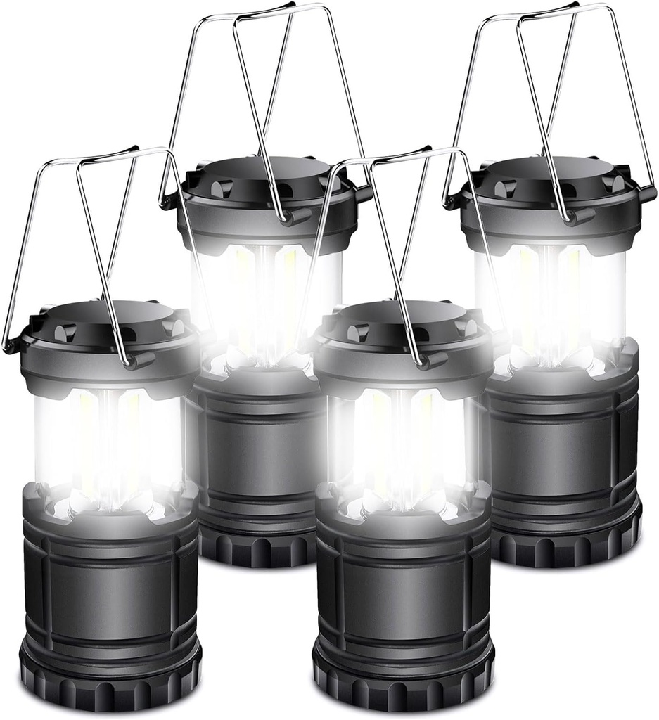 EXTRASTAR 4 Pcs LED Camping Lantern, Battery Powered Compact LED Lanterns, Suitable Survival Kits for Hurricane, Waterproof Portable Emergency Light for Storm, Outages, Black