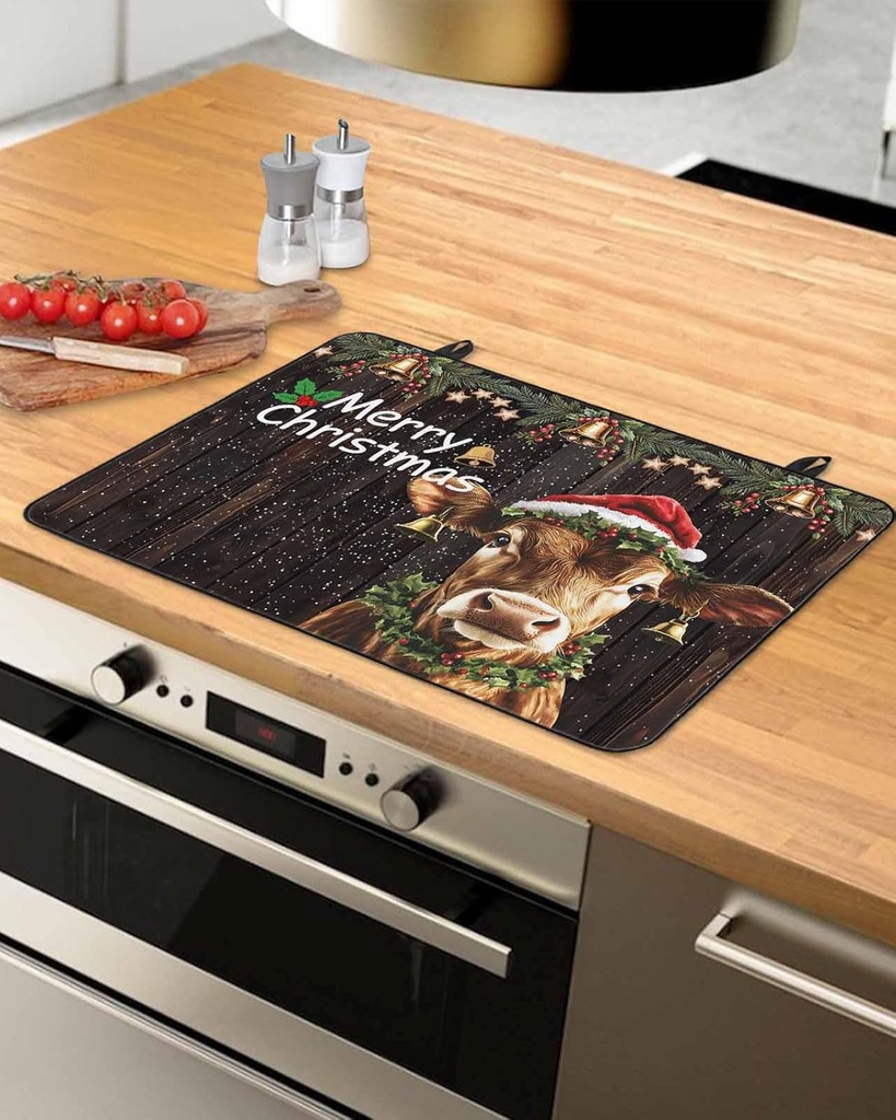 Christmas Countertop Burners Protection Mats for Kitchen, Christmas Cow with Bell Winter Wood Plank Rubber Stove Top Cover Mat, Heat Proof Mats Cooktop Cover for Counter Dish Drying Mat, 28.5"x20.5"
