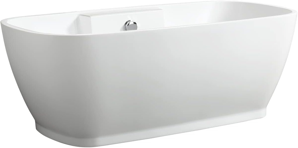 Vanity Art Freestanding White Acrylic Bathtub Modern Stand Alone Soaking Tub with Polished Chrome UPC Certified Round Overflow and Pop-up Drain (59" x 30") VA6835-S