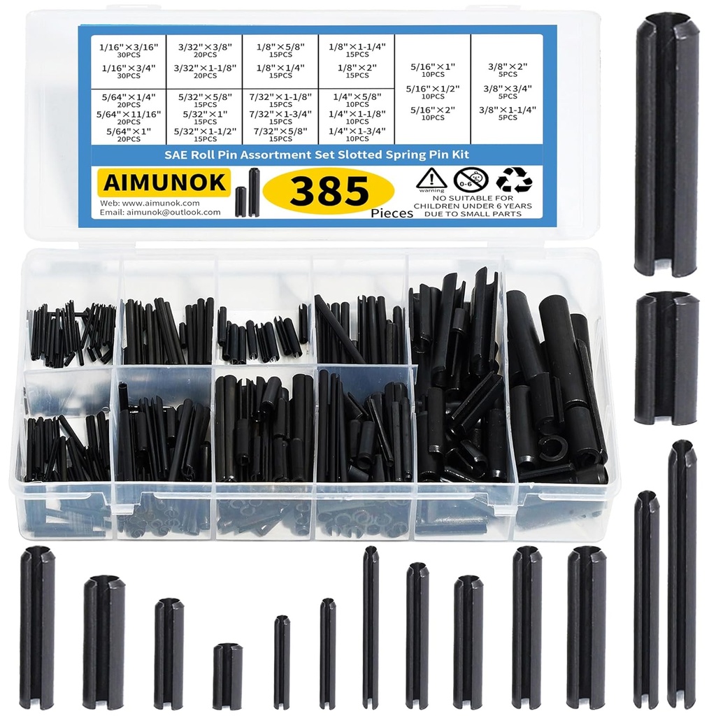 385PCS Roll Pin Set - 26 Sizes Spring Dowel Tension Roll Pins - 1/8 1/4 3/8 1/16 5/64 3/32 5/16 5/32 5/16 Split Expansion Pin Assortment Kit for Home Improvement Automotive Repair