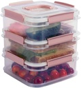 Airtight Fridge Storage Containers, Small Stackable Portable Food Carriers, 3 layer Leak Proof Bowl Holder for Travel, Hiking, Road Trip, Camping, On the Go (Light Pink square) (8609/8608)