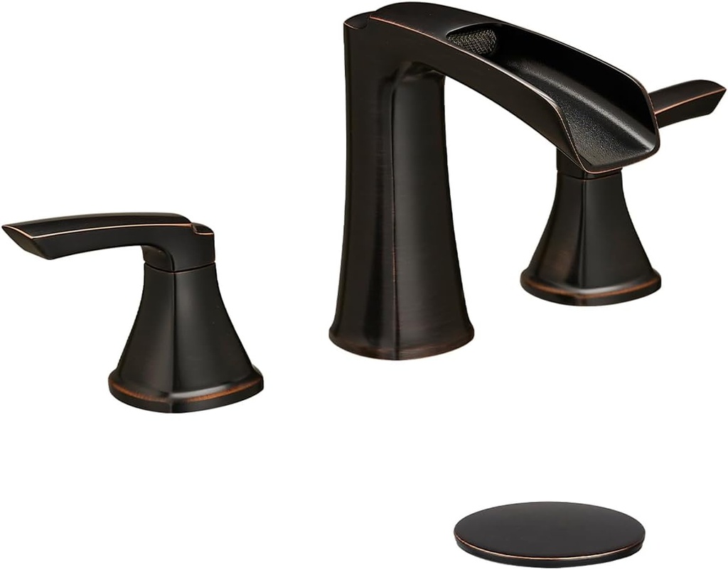 Fapully Oil Rubbed Bronze Bathroom Faucet 3 Hole, Waterfall 8 Inch Two-Handle Widespread Bathroom Sink Faucet with Pop-up Drain