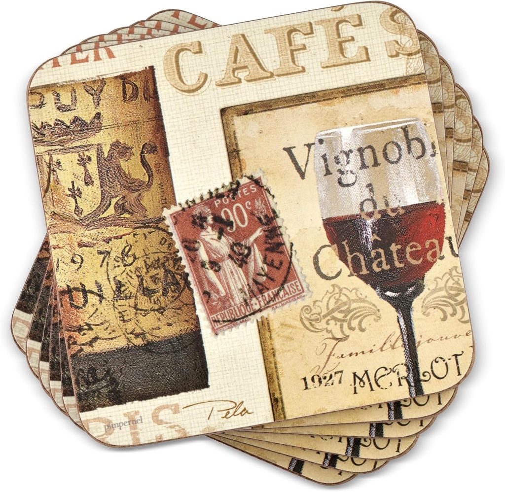 Pimpernel French Cellar Coasters, Set of 4 (4" x 4") – Cork-Backed Boards with Lacquer Finish, Durable & Heat Resistant to 212°F, Decorative Wine-Themed Design for Dining, Coffee & Kitchen Use