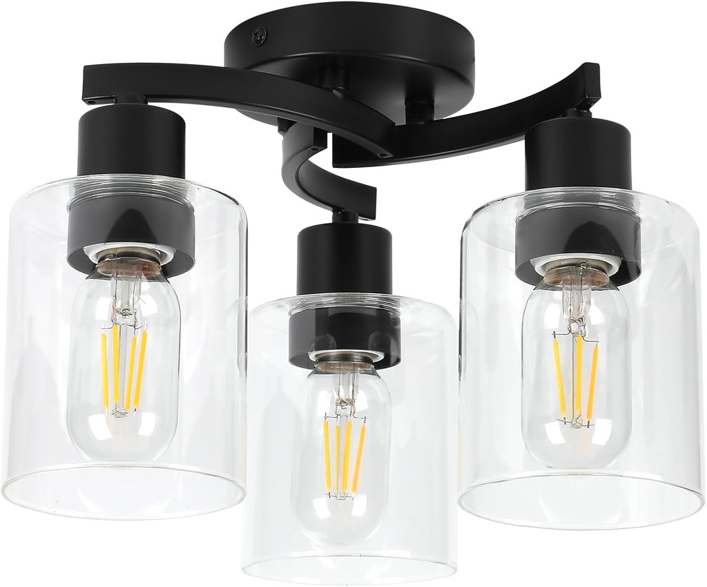 WILON Black Flush Mount Ceiling Light, Farmhouse Kitchen Lighting Fixtures Ceiling Mount, 3-Light Clear Glass Semi Flush Mount Ceiling Light Fixture for Hallway Entryway Foyer Bedroom Laundry Room