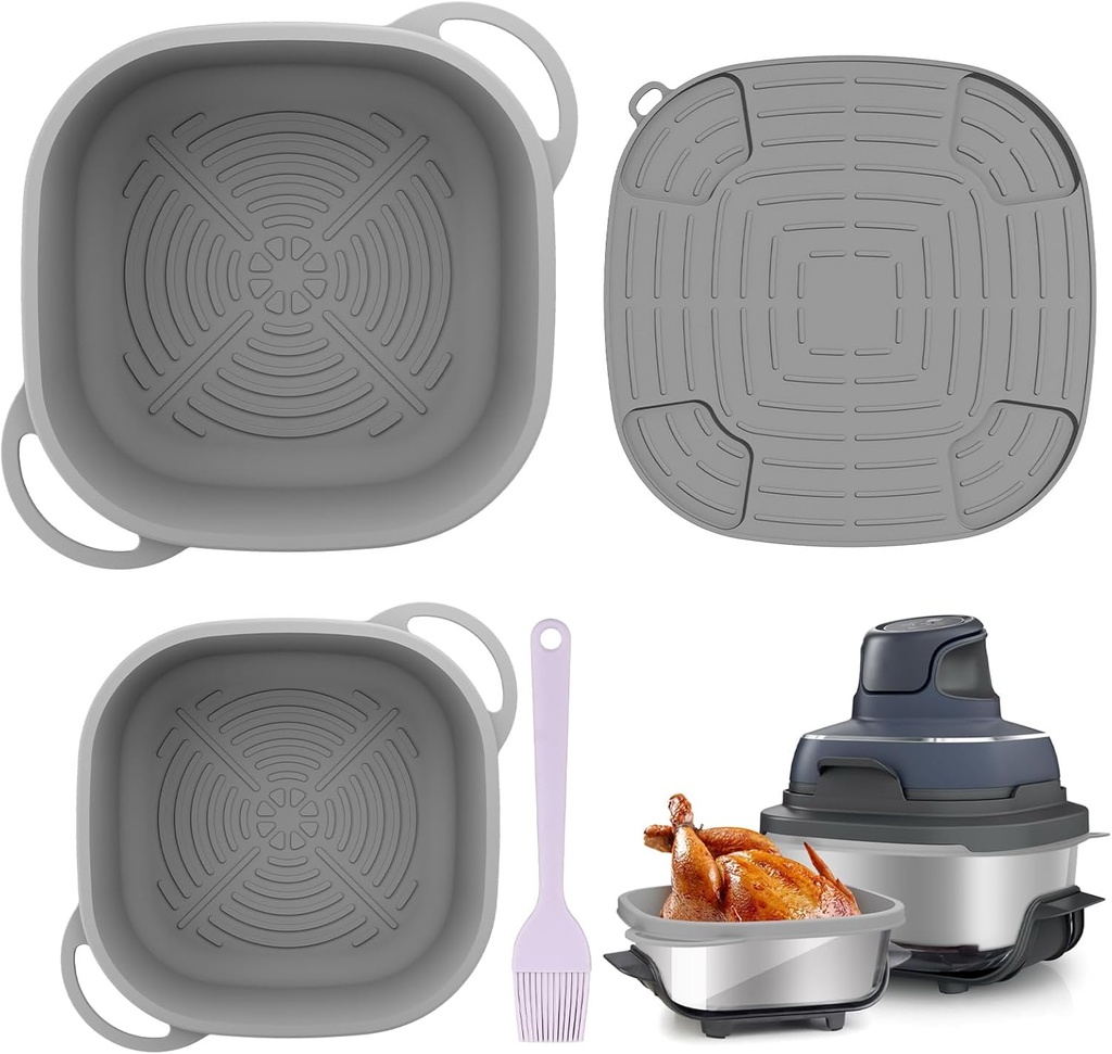 FN101GY Silicone Air Fryer Liners for Ninja Crispi Glass Basket – Full-Coverage 4QT 6QT Reusable Nonstick Dishwasher Safe Mat,with Heat Mat and Oil Brush for Mess-Free Cooking