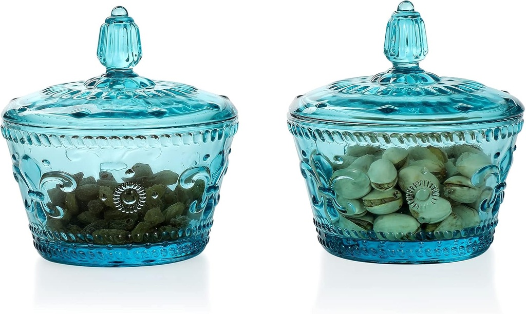 G Candy Jars With lids Set of 2, Blue Small Embossed Glass Candy Dish Bowl Jewelry Box Food Decorative Cute Jar Multi-purpose Decorative Jar Seasoning Glass Candy Jar