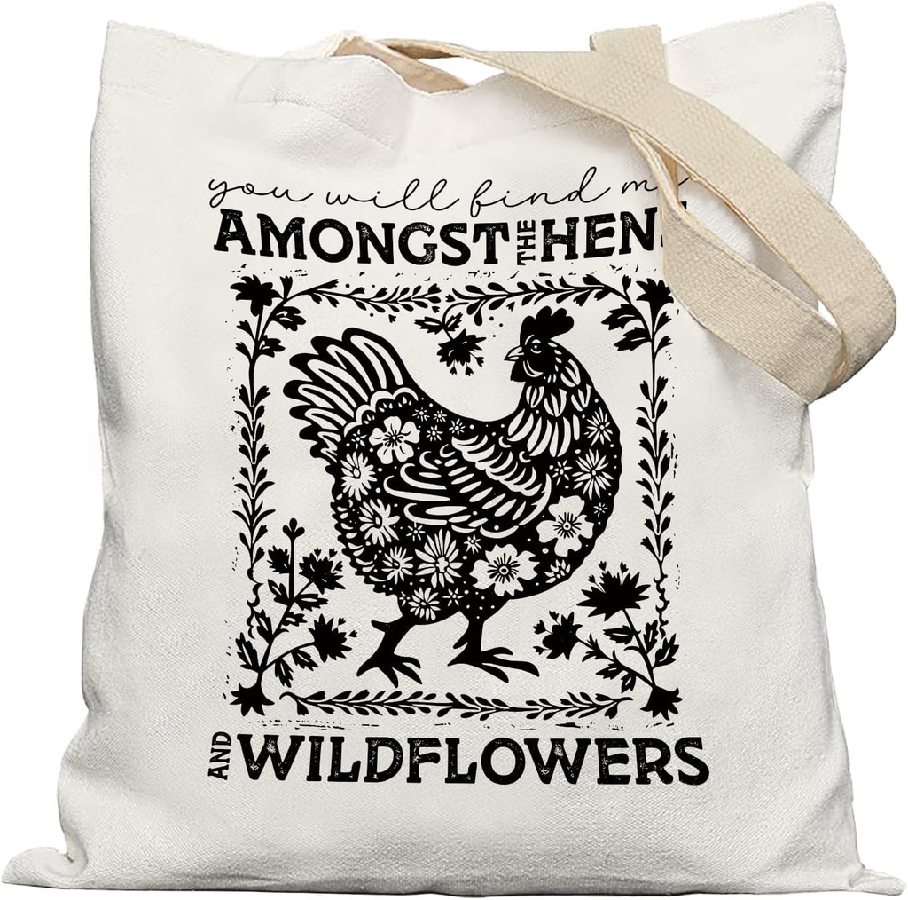 Chicken Tote Bag, Farmhouse Hens and Wildflowers Cottagecore Canvas Tote Bags for Women, Reusable Grocery Bags