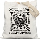 Chicken Tote Bag, Farmhouse Hens and Wildflowers Cottagecore Canvas Tote Bags for Women, Reusable Grocery Bags