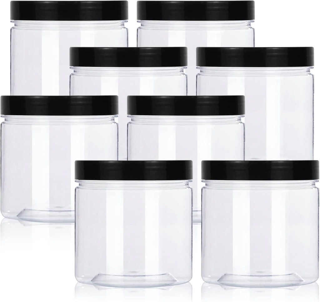 12oz Clear Plastic Storage Jars Containers,8 Pack Refillable Black Wide-Mouth Plastic Slime Storage Containers for Beauty Products,Kitchen & Household Storage - BPA Free