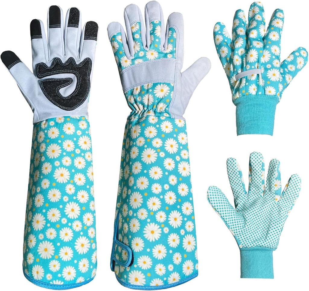 Long Sleeve Thorn Proof Gardening Gloves for Women - 1 Pair Long and 1 Pair Short for Yard Work - Gardening Gifts (Green, Medium)