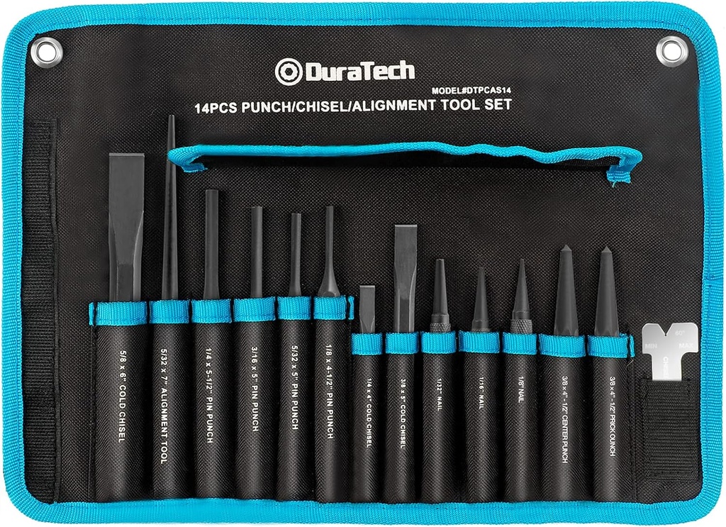 DURATECH 14 Pc Kit: Pin, Center, Nail Punches & Cold Chisels, Alignment Tool, Including Gauge, Rolling Pouch