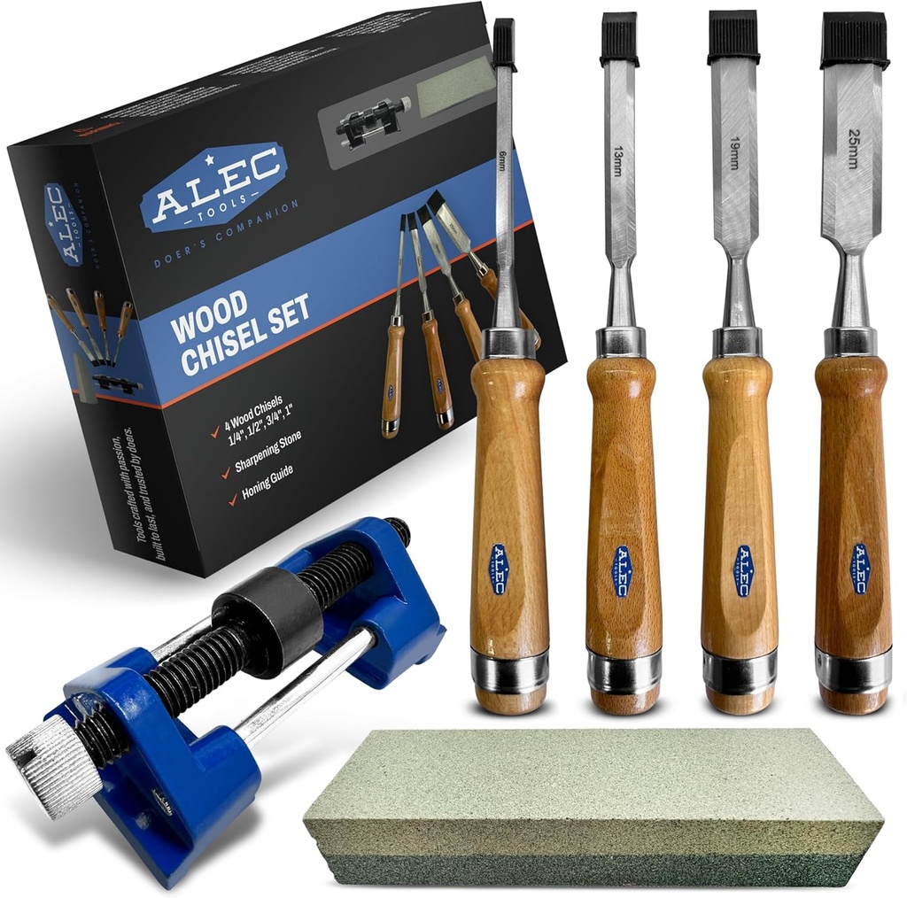 Wood Chisel Set Carpenter Tools – 4Pcs Beech Wood Carving Set with Sharpening Stone, Honing Guide – Woodworking Chisels with Pre-Sharpened Steel Blades – Ideal for Pros, DIY, Hobby