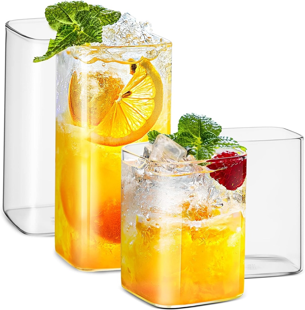 LUXU Drinking Glasses 8 oz Set of 2,Thin Square Glasses 13 oz Set of 2,Elegant Bar Glassware For Water,Juice,Beer, Drinks,and Cocktails and Mixed Drinks,Lead-Free Square Glass,Glass Drink Tumblers
