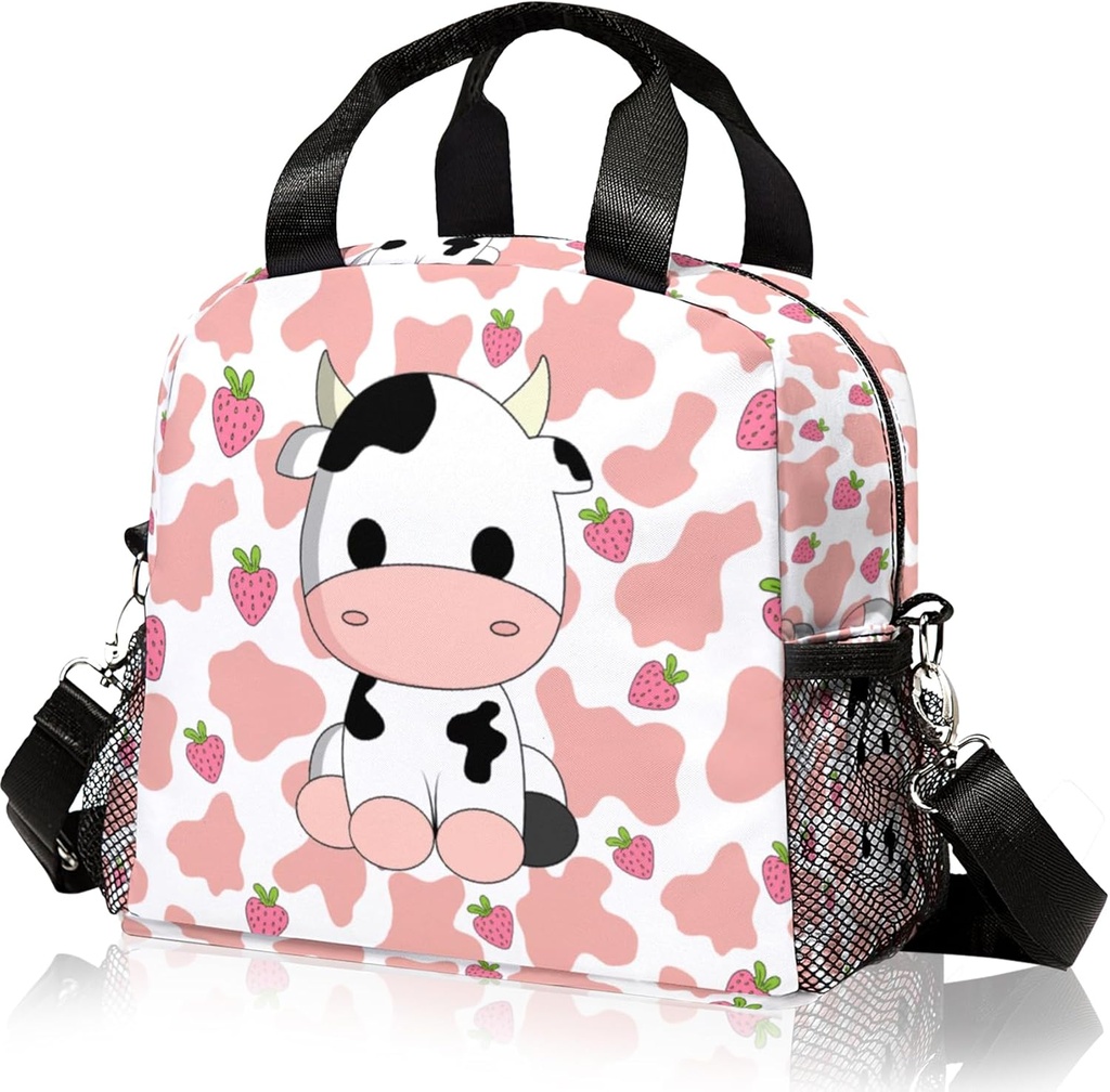 Lunch Bag for Kids, Pink Lunch Bags Insulated Cow Lunch Box With Adjustable Shoulder for Girls Women,Small Reusable Lunch Bags for Work School