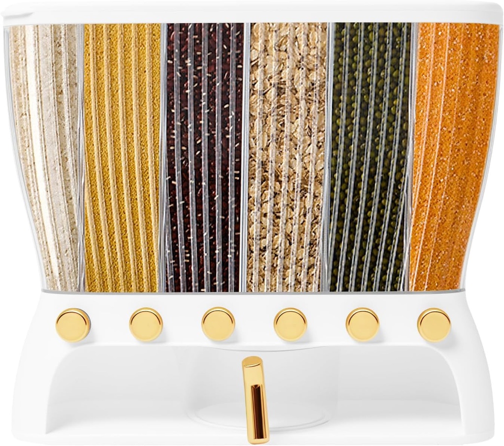 Cereal Dispenser, Multiple Grain Container, Kitchen Cereal Dry Food Containers Storage, 6 Grid Beans Grains Storage W/Rice Hopper for Store Rice, Red Beans, Yellow Beans