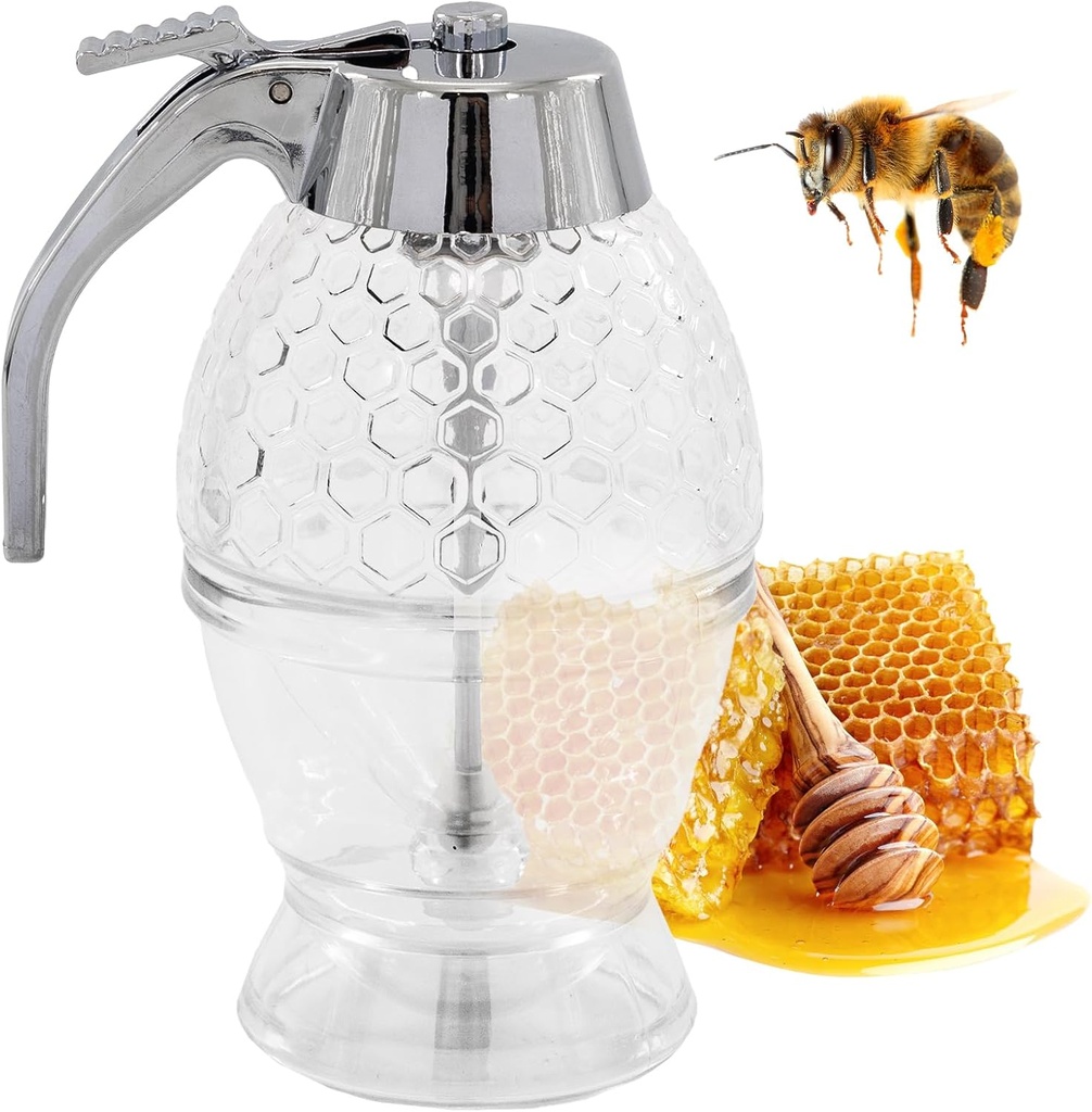 Honey Dispenser, Jar No Drip Squeeze Bottle with Stand Container Holder Pots Server Dripper Storage Jars Tarros Para Miel for Dispensador Stainless Steel Top Container Elegant Honeycomb Design