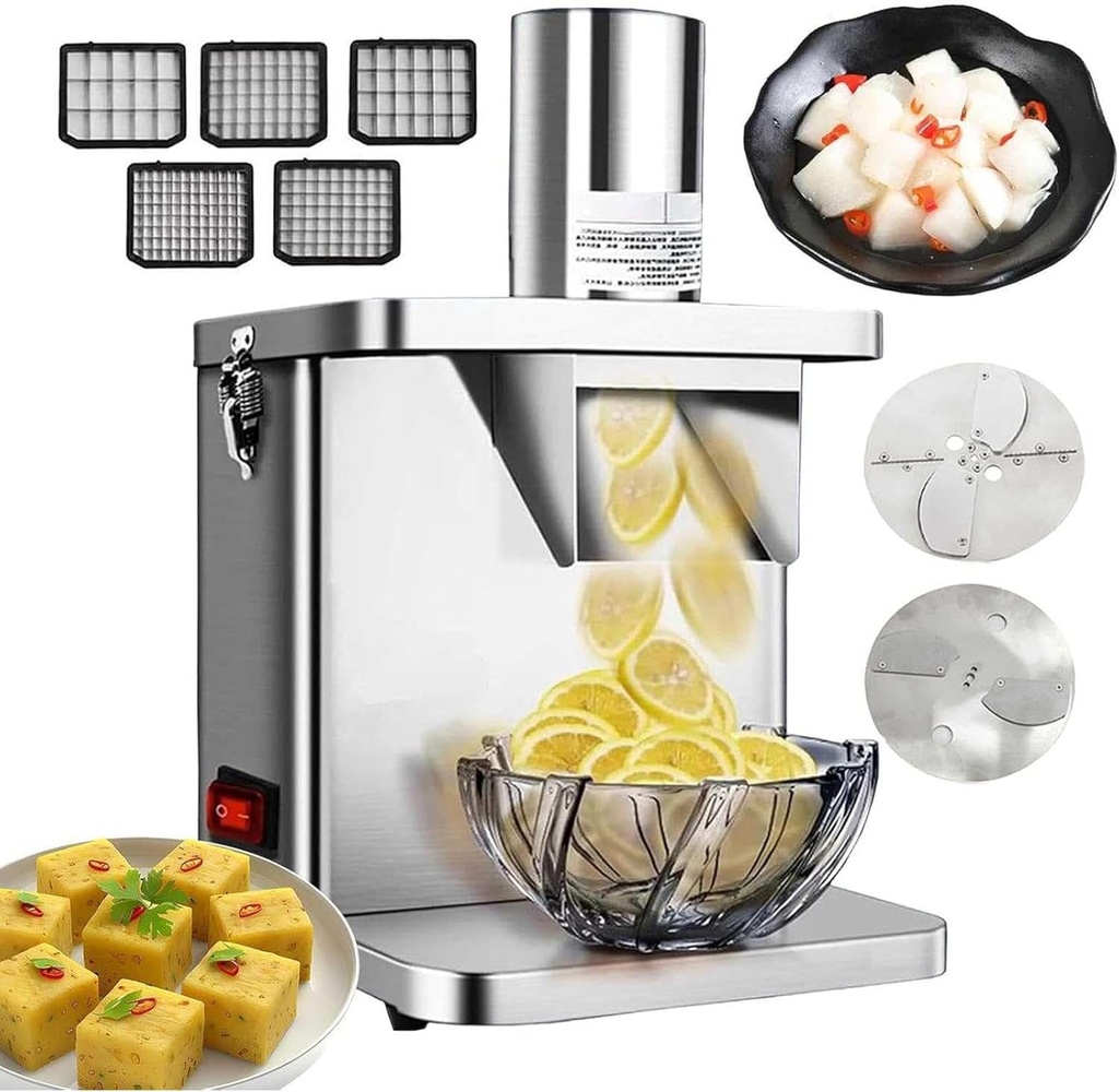 Electric Vegetable Dicer - Commercial 250W Automatic Food Processor with Dicing and Slicing Blades for Onion, Potato, Fruit Cutting Machine