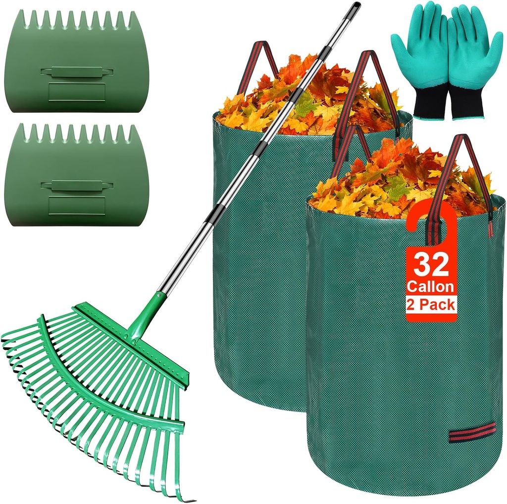 Adjustable Metal Leaf Rake Set – 25 Tines, 38-73" Handle, 19" Wide with 2 Pack 32-Gallon Leaf Bags & Scoops – Heavy Duty Garden Rake for Lawns, Shrubs, Grass, Flower Beds & Outdoor Use