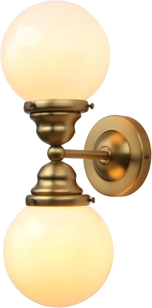 Pathson Milk White Glass Wall Sconces Lighting, 2 Lights Industrial Wall Vanity Light Fixtures Brass Finish, Vintage Wall Sconce Lamp for Bathroom Living Room Bedroom