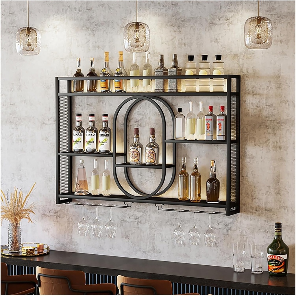 Wall Mounted Wine Rack with LED Light,Metal Floating Shelves Featuring Hanging Wine Glass Holder,Liquor Bottle Display Shelf,Large Capacity Storage,for Bar,Wine Cellar,Kitchen Decor,Black/Go