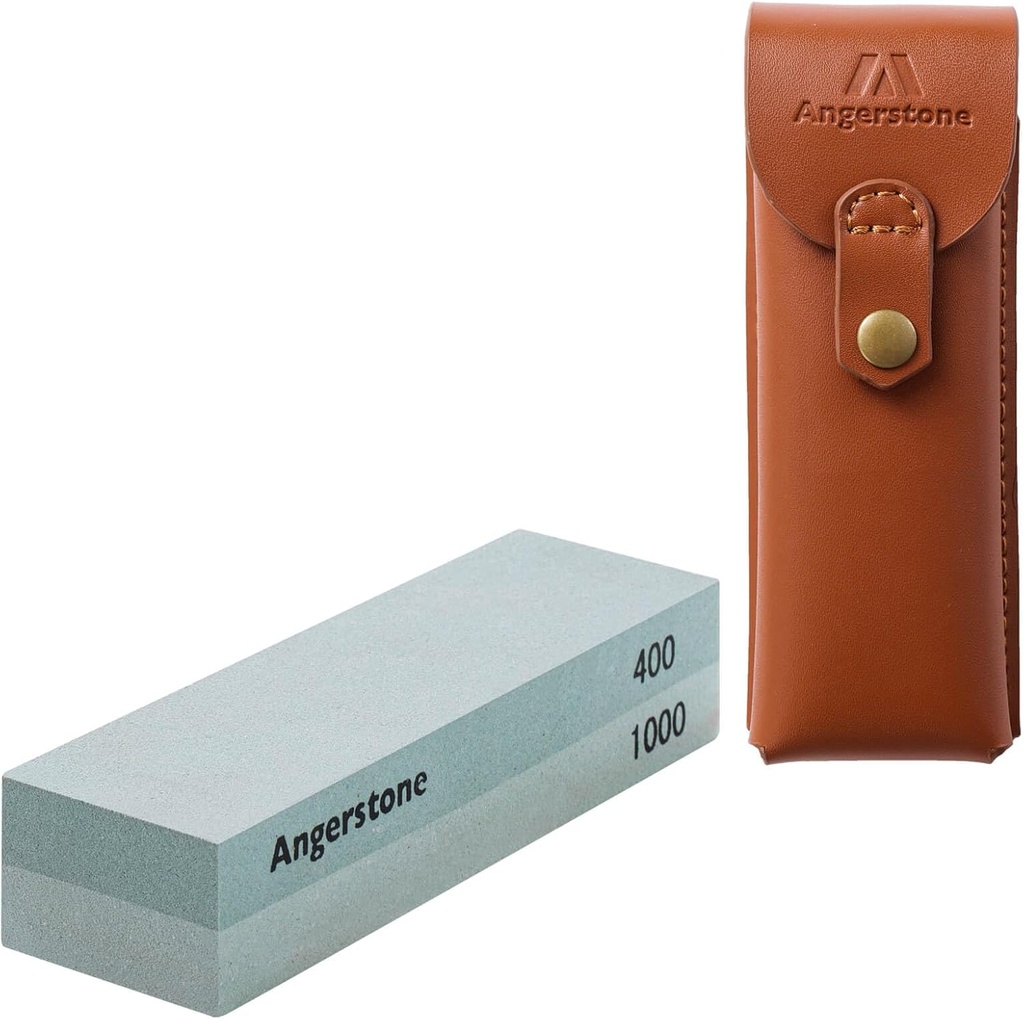 Angerstone Portable Whetstone Knife Sharpening Stone - Outdoor Hunting Knife Sharpener Stone Kit Dual Grit 400/1000 - Pocket Sharpening Stones for Knives with Cowhide Pouch for Bushcraft Camping Field