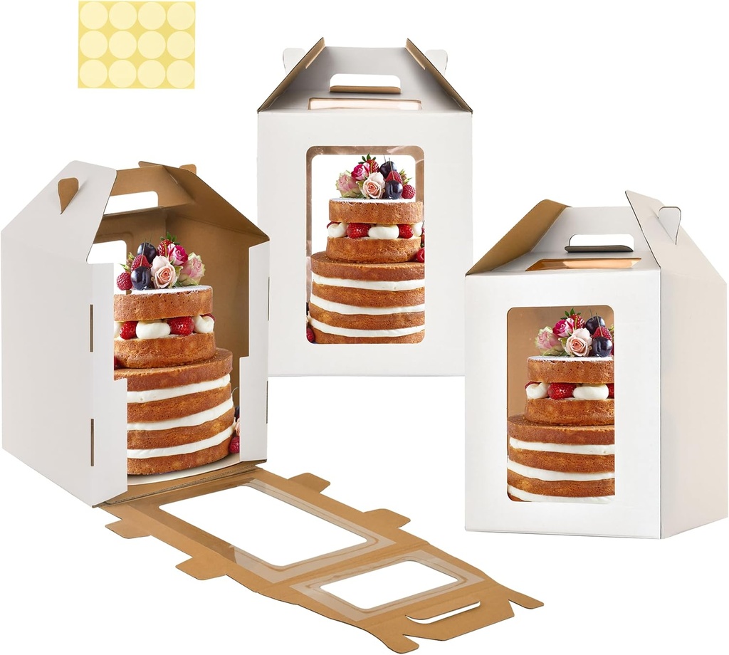XININSUN 3Pack Tall Cake Boxes for Tier Cakes with 4 windows 10x10x12Inch cake transport container,Bakery Take Out Transport Containers Tall Cake Carrier with Handle for Wedding, Birthday, Party