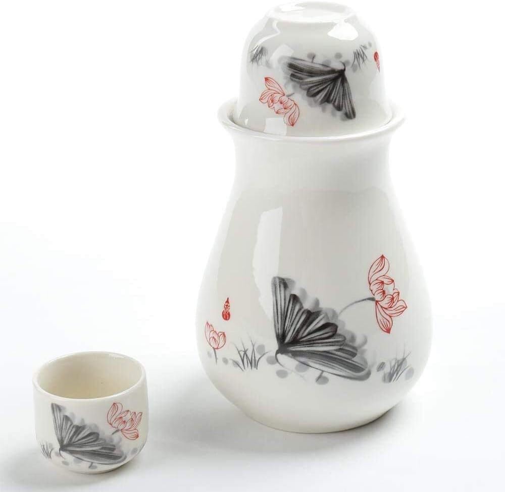 Sake Set Tea Pots, Japanese Sake Set, 4-Piece Set White Glaze Texture Ceramic Cups, Crafts Wine Glasses, for Cold/Warm/Shochu/Tea Best Gift