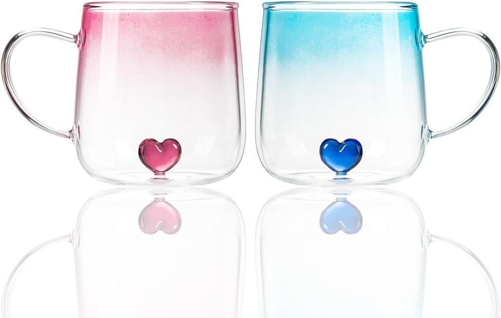 Glass Coffee Mugs with Heart Insaid, 16OZ Aesthetic Glasses Drinking Cup Tea Cup Wish Cup, Unique Valentine's Day Gift for Her (Gradient Pink and Blue)