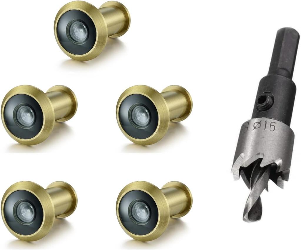 TOGU 5PCS of 220-degree Solid Brass Peep Holes for Door with 16mm Drill Bit, Compatible with Door Thick from 1-3/8" to 2-1/6", Satin Gold Finish