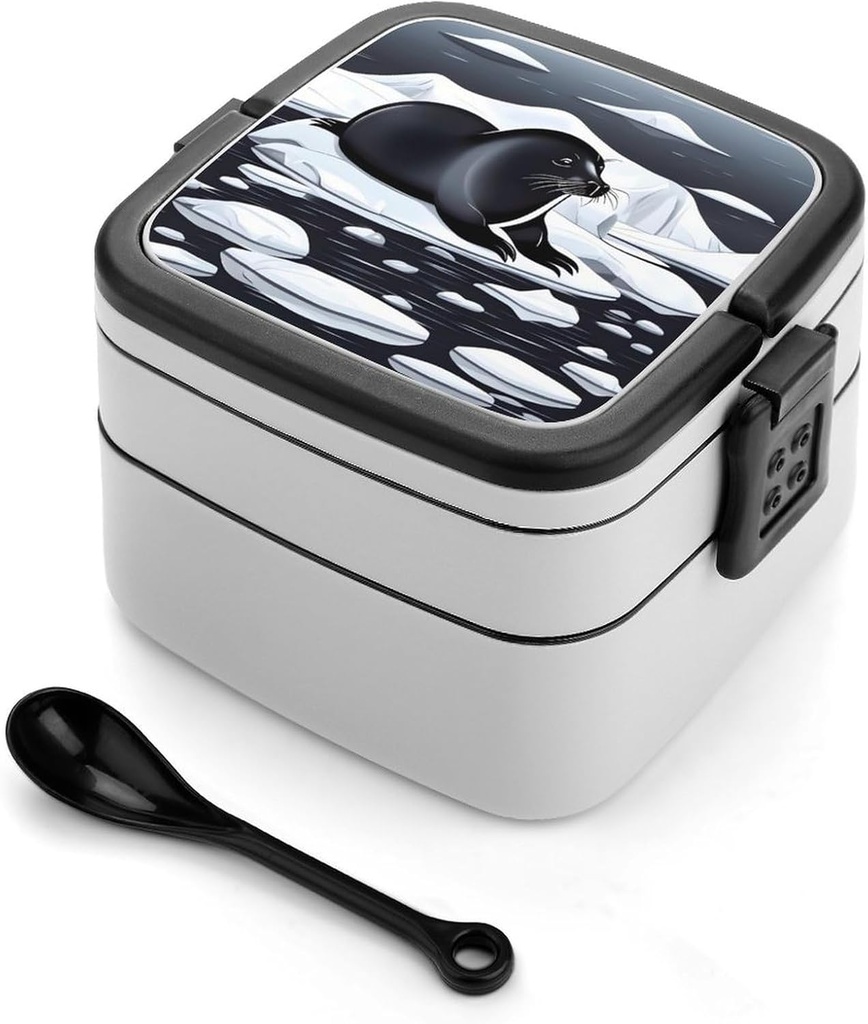 Seals on Ice Bento Box for Adults Double Layer Lunch Box with Spoon And Invisible Handle Microwave Dishwasher Safe Leak Proof Meal Prep Lunch Containers for Office Picnic