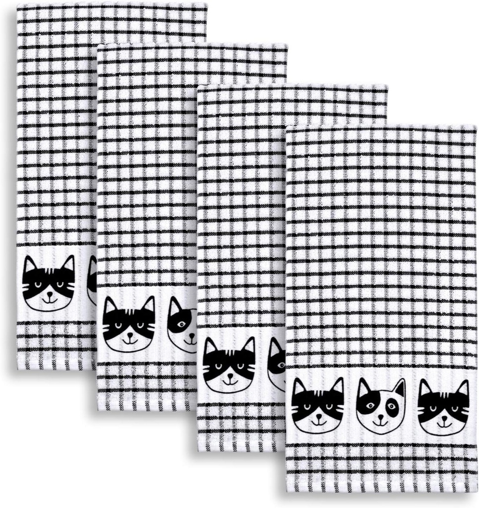 Cackleberry Home Cat Faces Terrycloth Kitchen Towels Windowpane Check Fabric, Set of 4 (Black)