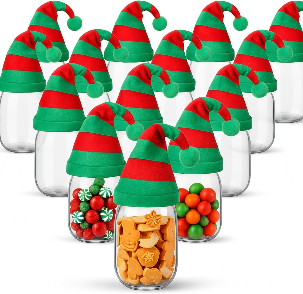 Hicarer 16 Set Christmas Party Plastic Mason Jars and Mini Fairy Hat 12 oz Clear Plastic Jars with Lids Flannel Tiny Hat Empty Round for Candies Cookies Storage Crafts (Red and Green)