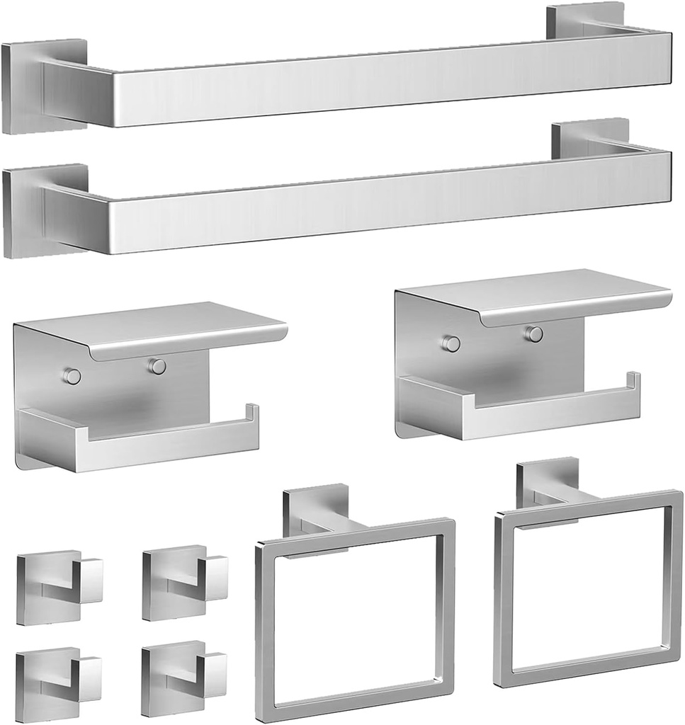 Brushed Nickel Bathroom Towel Bar Set 10 Pieces, Stainless Steel Towel Racks Set with 2×16 InchTowel Bars, 2×Toilet Paper Holder, 2×Towel Rings, 4× Robe Hooks for Bathroom