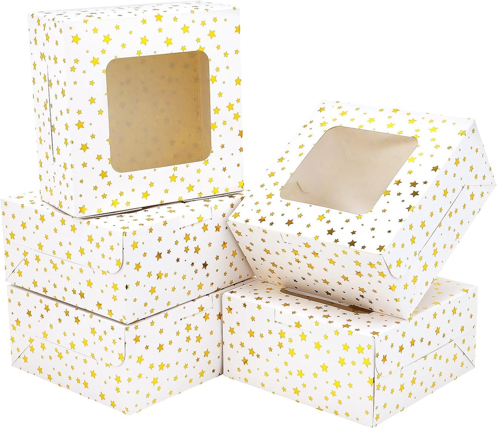 Moretoes 30pcs 6x6x3in Christmas Cookie Boxes, White Bakery Boxes with Window Gold Foil Star Treat Cake Boxes for Xmas Gift Giving Pastry Dessert Cupcakes Candy Donut Packaging