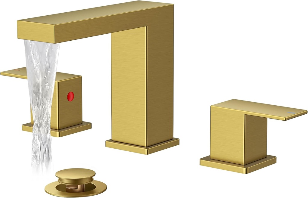 FORIOUS Brushed Gold Bathroom Faucet 3 Hole, 8 Inch Widespread Waterfall Bathroom Sink Faucet Gold with Metal Pop-Up Drain and cUPC Supply Lines Included for Restroom, Lavatory, Vanity Sink