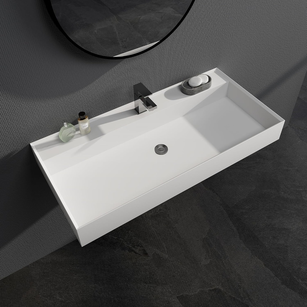 SJ Star&Jane Solid Surface Bathroom Sink, 40" Matte White Wall Mounted Floating Vessel Sink, Stone Resin Countertop with Single Faucet Hole