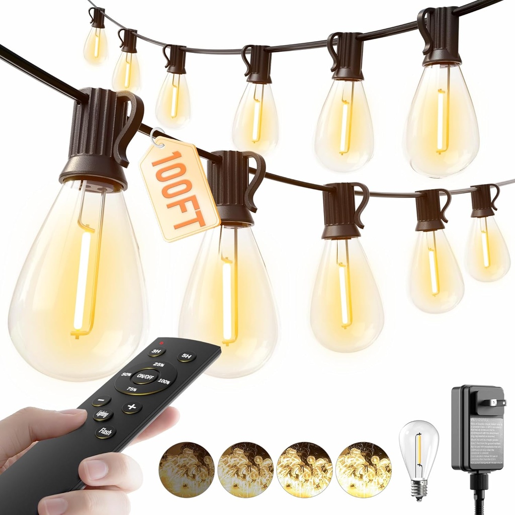 luckystyle 100FT LED Outdoor String Lights with Remote, 35+ 1 Shatterproof Bulbs Waterproof and Dimmable Patio Lights for Porch, Garden, Backyard, Deck, Balcony, 2700K Hanging Lighting