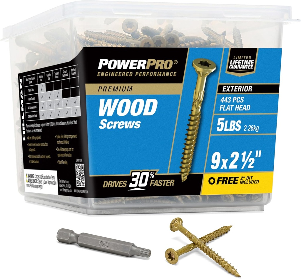 Power Pro Premium Exterior Wood Screws, #9 x 2-1/2"Inch All-Purpose Deck Screws for Outdoor Projects, T-25 Star Bit Included, Bronze, 100 Pieces | 48599