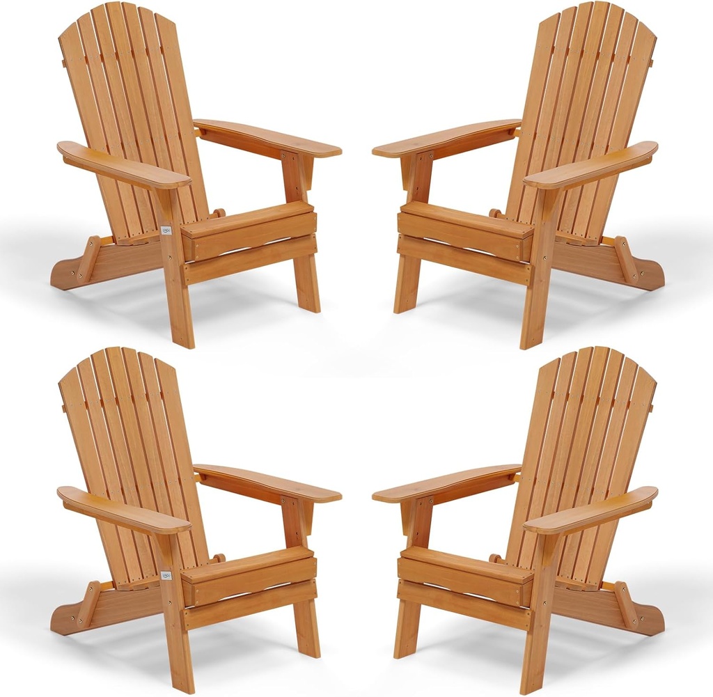 VINGLI Folding Adirondack Chairs Set of 4, Wood Adirondack Chair for Outdoor, Foldable Fire Pit Chairs for Patio, BBQ, Porch, Yard, Pool