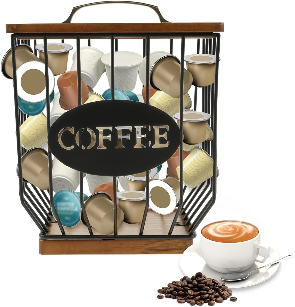 Coffee Pod Holder,K Cup Holder Organizer,Large Capacity K Cup Holder with Lid Versatile Coffee Pods Organizer with Wooden Base Black Wire Coffee Pods Storage Organizer for Coffee Bar Counter(C Model)