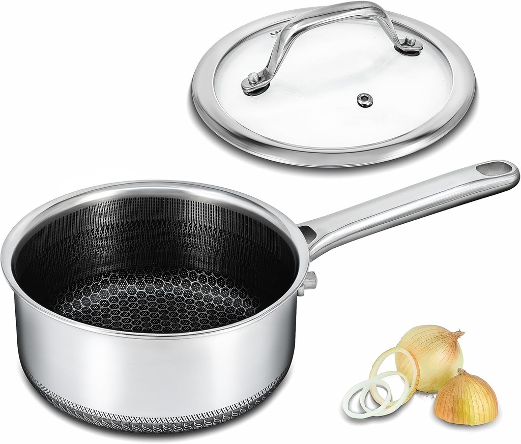 Hybrid Nonstick 1.5 QT Saucepan with Lid, Stainless Steel Honeycomb Pot,Compatible with All Cooktops,Dishwasher and Oven Safe