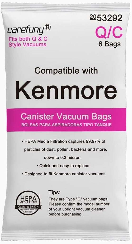 6 Pack Type Q HEPA Canister Vacuum Bags for Kenmore, 53292 Replacement Canister Vacuum Cleaner Bags for Kenmore 81214, 81414, 81614, 81615, 81714, 21814, BC7005, BC3005,BC2005