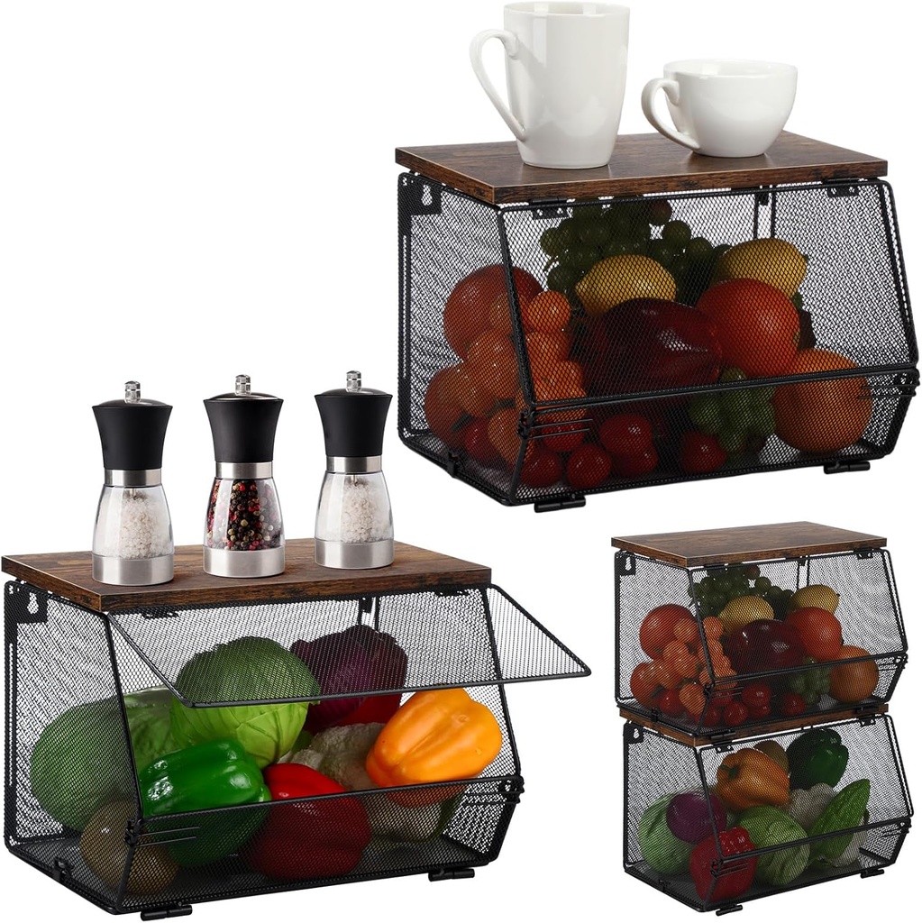 2 Pcs Stackable Mesh Fruit Basket with Lid Wall Produce Vegetable Storage Basket Onion Potato Snack Hanging Metal Wire Container for Kitchen Counter Pantry(Non-removable,Black,7.1"w & 11.8"l)