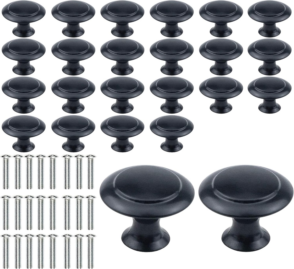 X-AT XATDOMESD 24 Pieces Round Cabinet Knobs, Kitchen Drawer Pulls Dresser Metal Knobs for Door and Drawers (Black,1.2 Inch,L Size), 30