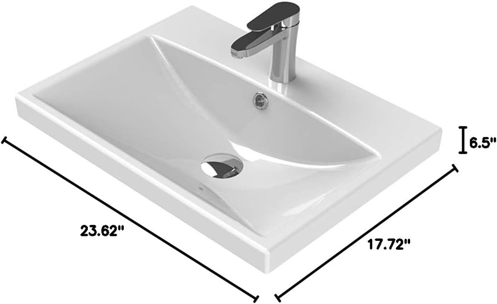 CeraStyle 032000-U-One Hole Elite Rectangle Ceramic Wall Mounted/Self Rimming Sink, White